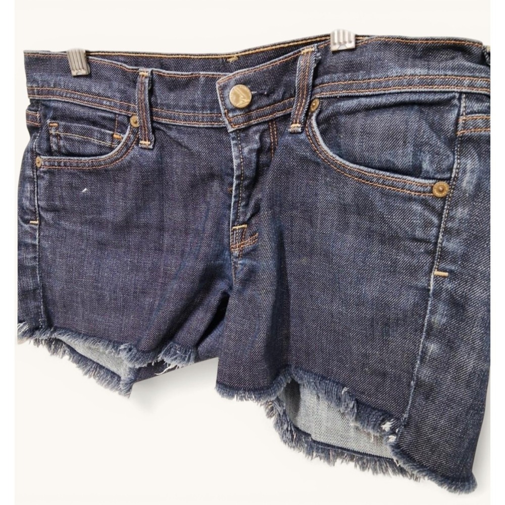 7 For All‎ Mankind Dojo Cut Off Denim Shorts Women's 27 Raw Hem Blue Stretch